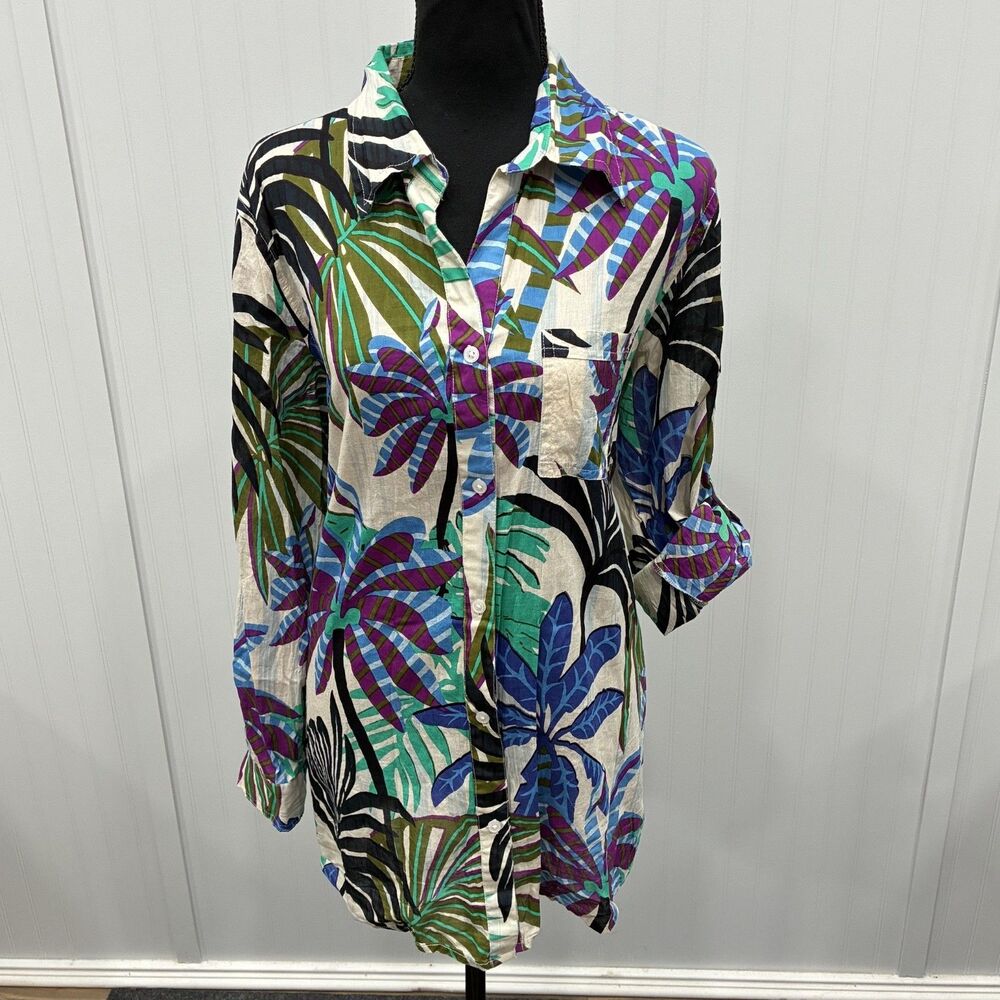 True Destination Tropical Palm Print Coverup Button Shirt Large Cotton Vibrant